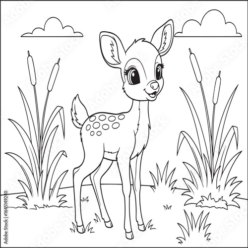 Cute Baby Deer Vector Illustration in Forest Scene for Children Coloring Book