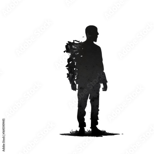 Black silhouette, tattoo of a man with branches and leaves on white isolated background. Vector.