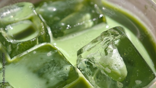 Iced Matcha Latte. Closed Up.