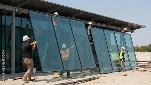 Wallpaper Mural Construction Workers Installing Glass Panels on Modern Building Torontodigital.ca