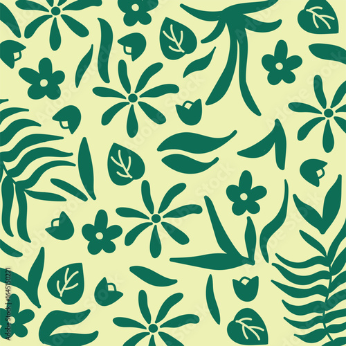 Botanical  elements Green flowers and leaves seamless pattern for wallpapers, textile, fabric and other surfaces