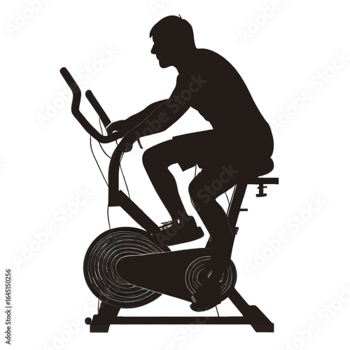 Black silhouette, tattoo of a man on an exercise bike on white isolated background. Vector.