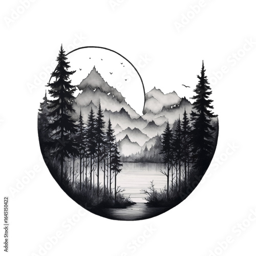 Black silhouette, tattoo of a landscape; river, trees, mountains on white isolated background. Vector.