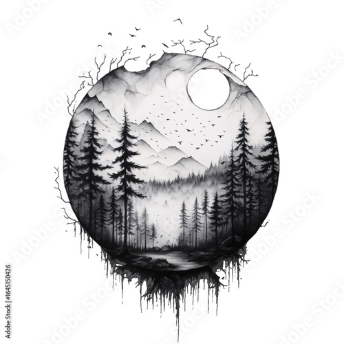 Black silhouette, tattoo of a landscape; river, trees, mountains on white isolated background. Vector.
