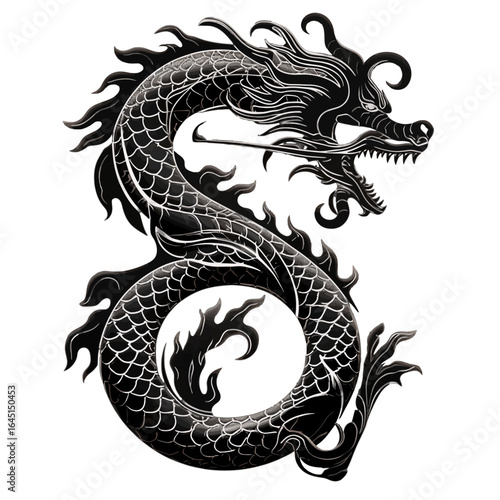 Black silhouette, tattoo of a dragon on white isolated background. Vector.