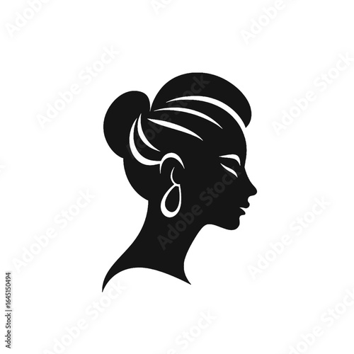 Black silhouette, tattoo of a woman's head with earring on white isolated background. Vector.