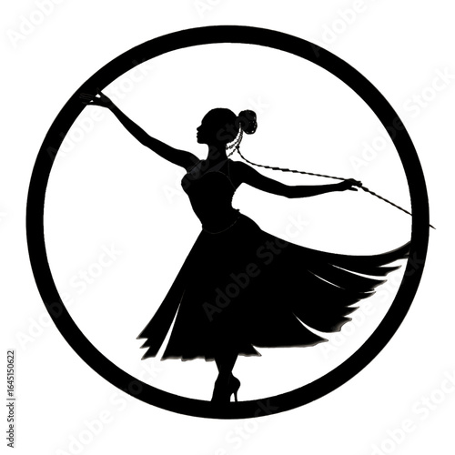 Black silhouette of woman in circle dress on light background.