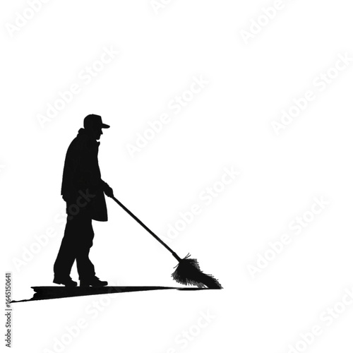 Black silhouette, tattoo of a man with a broom on white isolated background. Vector.
