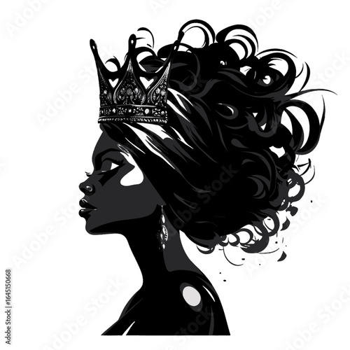 Black silhouette, tattoo of a woman in a crown on white isolated background. Vector.