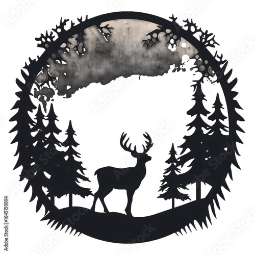 Black silhouette, tattoo of a reindeer and pine trees in a circle on white isolated background. Vector.