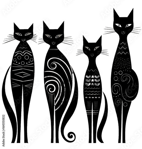 Black silhouette, tattoo of a abstract cat on white isolated background. Vector.