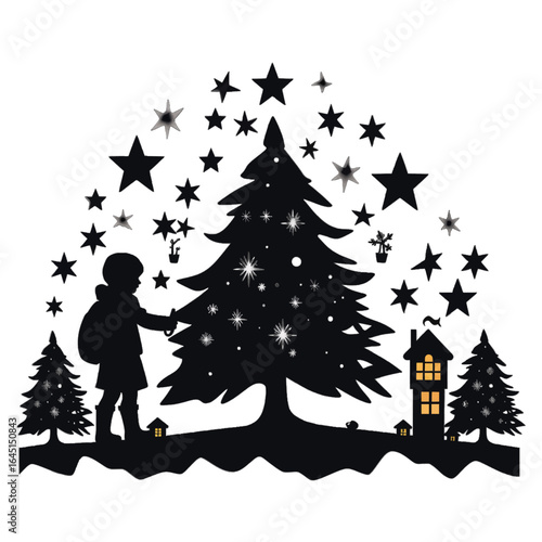 Black silhouette, tattoo of a boy, Christmas tree, stars on white isolated background. Vector.