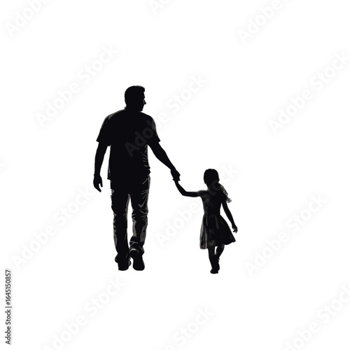 Black silhouette, tattoo of a father with daughter on white isolated background. Vector.