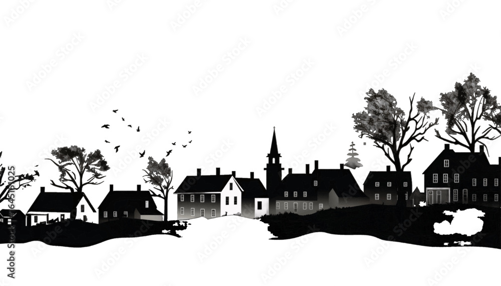 Obraz premium Black silhouette, tattoo of a city on white isolated background. Vector.