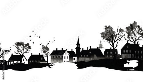 Black silhouette, tattoo of a city on white isolated background. Vector.