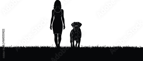 PrintWoman walking dog, pet companionship, grassy field, outdoor silhouette, black and white, peaceful moment, nature scene, vector illustration, human and animal bond, Adobe Stock