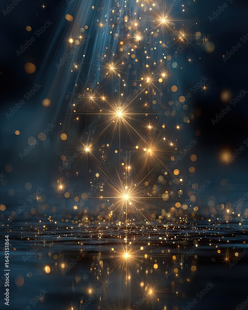 Naklejka premium Golden sparks cascade down a dark background, reflecting on a surface