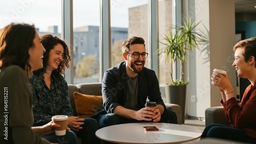 Wallpaper Mural Joyful Coworkers Sharing Coffee Break Laughter Torontodigital.ca