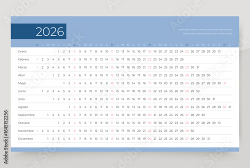 Spanish 2026 calendar. Linear planner for year. Horizontal calender template. Yearly scheduler grid. Week starts Sunday. Desk timetable with 12 months. Landscape orientation. Vector illustration.