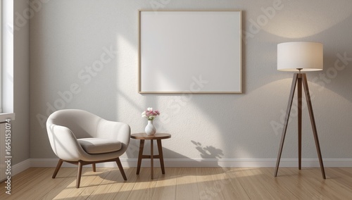 Cozy living room corner with armchair side table floor lamp and blank framed art bathed in warm sunlight