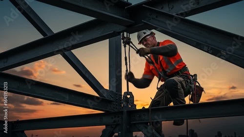 Wallpaper Mural Ironworker at Sunset: A Construction worker secures a beam high above the city at sunset. Torontodigital.ca
