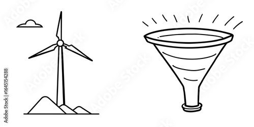 Vector art of wind turbine generating renewable energy on a hill with a cloud in the sky