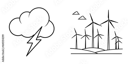 Vector art of thunderstorm with lightning striking from a cloud, and a group of wind turbines in the background