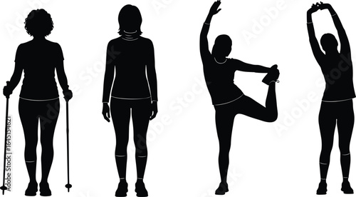 PrintSilhouette, fitness, exercise, yoga, stretching, walking with poles, active lifestyle, health, wellness, flexibility, balance, physical activity, outdoor workout, diverse poses, body movement.