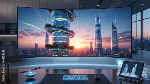 Wallpaper Mural Futuristic Cityscape on Modern Curved Monitor Torontodigital.ca