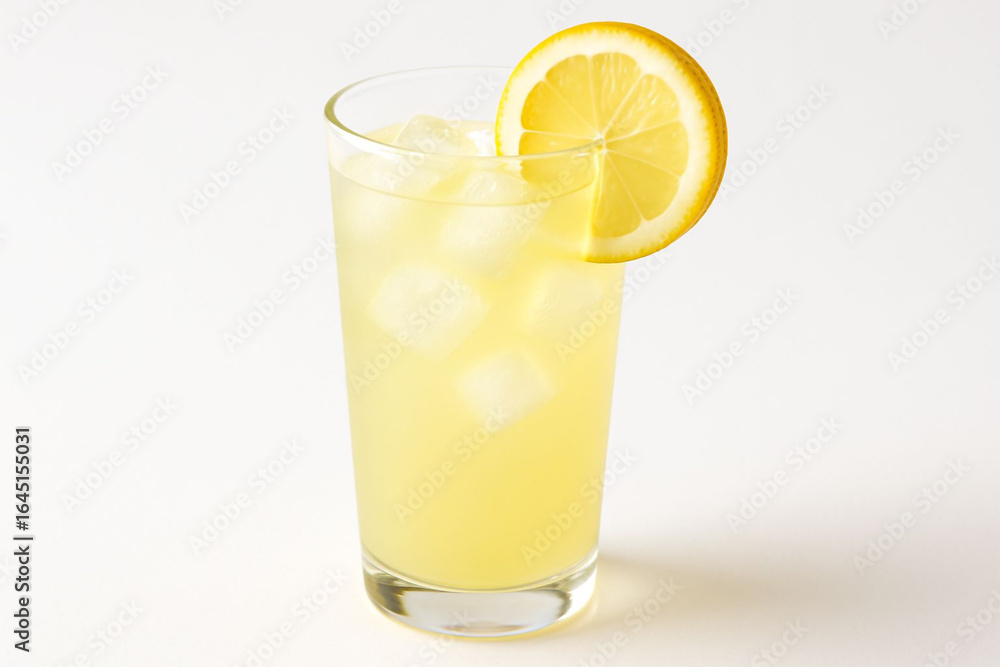 Refreshing tall glass of lemonade with a lemon slice garnish Refreshing tall glass of lemonade with a lemon slice garnish
