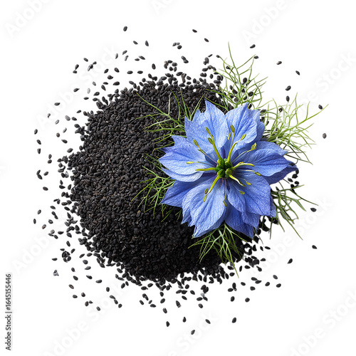 Black cumin seeds with nigella sativa flower isolated on transparent background.