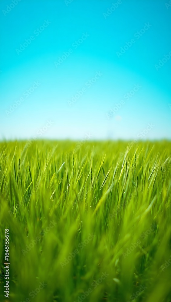 Fototapeta premium Vibrant Green Wheat Field Swaying Gently Under a Clear Blue Sky on a Sunny Day Agriculture Concept