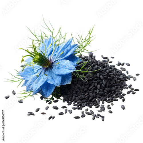 Black cumin seeds with nigella sativa flower isolated on transparent background.