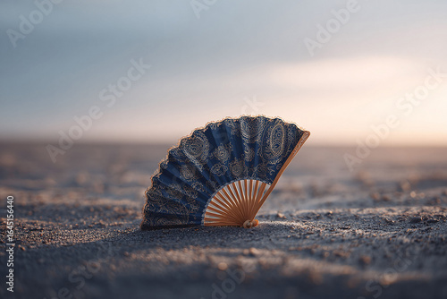 Elegant folding fan with ornate details placed in a serene, sandy landscape under a soft, diffused light. Evokes tranquility, sophistication, and wanderlust.