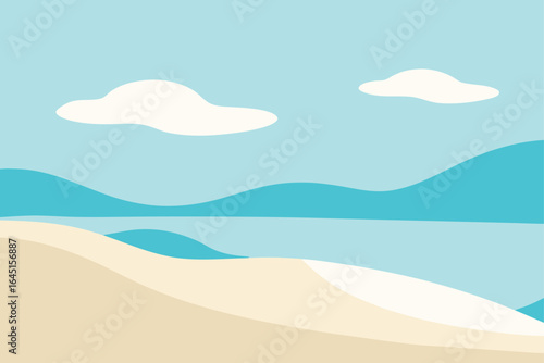 flat art ocean bay  pale blue tones  soft sand cur