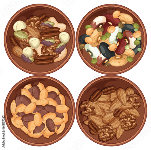 Assorted Nuts and Beans in Wooden Bowls Top View