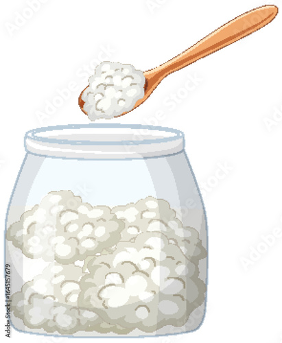 Wooden Spoon Scooping Cottage Cheese from Glass Jar