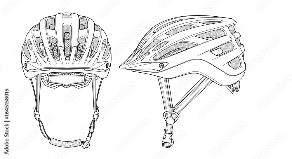 Fototapeta premium Bicycle helmet line art illustrations set. Front and side view of modern cycling safety equipment. Vector outline drawing for sports and recreation.