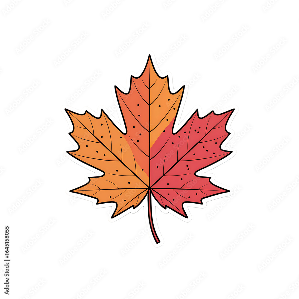 Fototapeta premium Stylized Autumn Maple Leaf with Red and Orange Hues and Speckled Texture fall season isolated on a transparent background