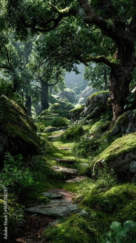 Lush forest path winding through moss-covered rocks