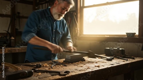 Wallpaper Mural Master Craftsman Sharpening Axe in Rustic Workshop Torontodigital.ca