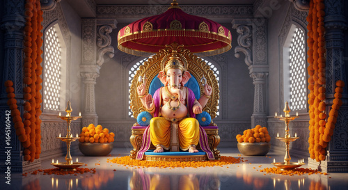 Lord Ganesha idol seated on a throne in an ornate, traditional Hindu temple hall.