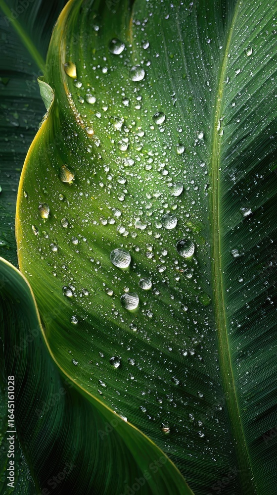 Obraz premium Close-up of vibrant green leaves, covered in glistening water droplets