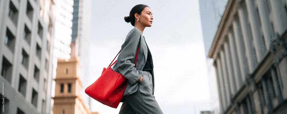 © SolaruS - Stylish woman in a gray suit strides confidently through a city, her red bag a vibrant accent. Represents ambition, success, and urban lifestyle. Ideal for business, fashion, or travel. © SolaruS - Stylish woman in a gray suit strides confidently through a city, her red bag a vibrant accent. Represents ambition, success, and urban lifestyle. Ideal for business, fashion, or travel.