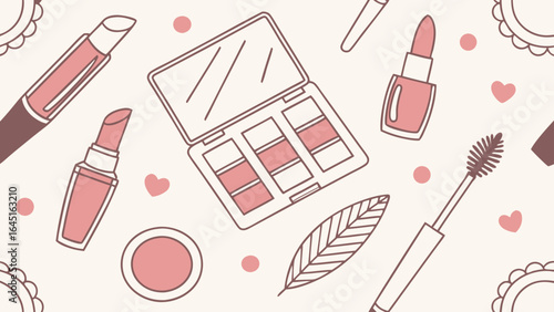 Illustration featuring makeup products such as lipstick, mascara, and eyeshadow palette in pink tones