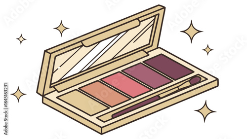 Illustration of an open eyeshadow palette with a mirror and applicator with sparkles around it