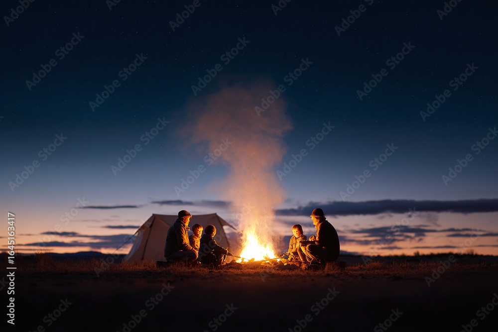 Fototapeta premium Family bonding around a campfire under a starlit sky. Cozy tent glows softly in the background, evoking feelings of togetherness and outdoor adventure. Ideal for travel, lifestyle, family themes.
