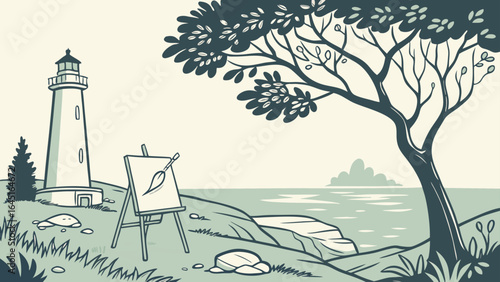 A coastal scene featuring a lighthouse, tree, easel, and ocean view with distant landmass visible here