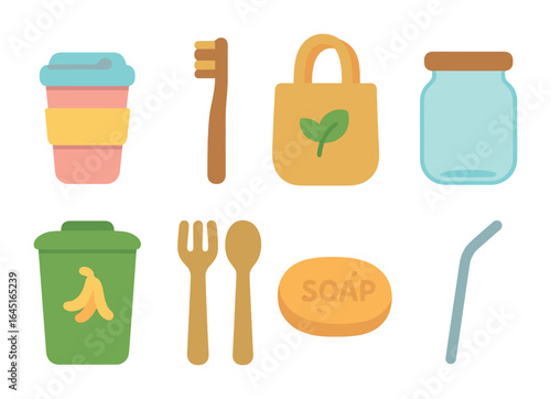 Zero Waste Essentials. Flat vector mini-illustrations Zero waste lifestyle products in colors children's