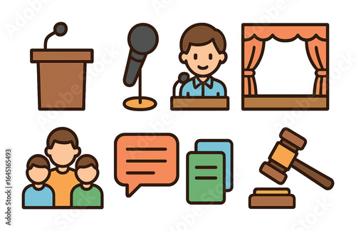 Children's Debate Icons. Flat vector mini-illustrations School debate clubs in colors children's illustrations